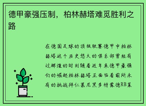 德甲豪强压制，柏林赫塔难觅胜利之路