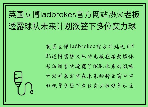 英国立博ladbrokes官方网站热火老板透露球队未来计划欲签下多位实力球员加强阵容