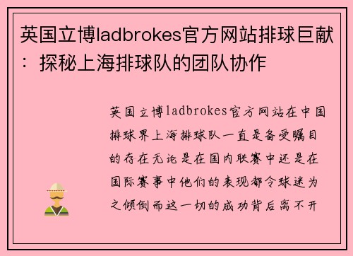 英国立博ladbrokes官方网站排球巨献：探秘上海排球队的团队协作