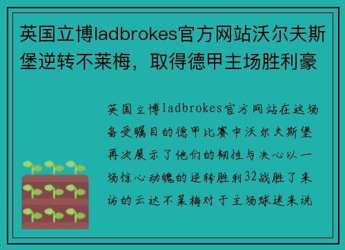 英国立博ladbrokes官方网站沃尔夫斯堡逆转不莱梅，取得德甲主场胜利豪取3分